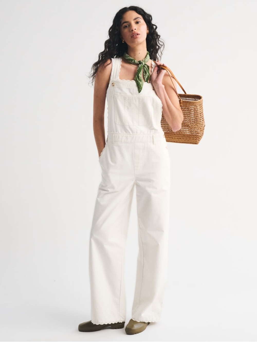 Abercrombie white embroidered trim overalls